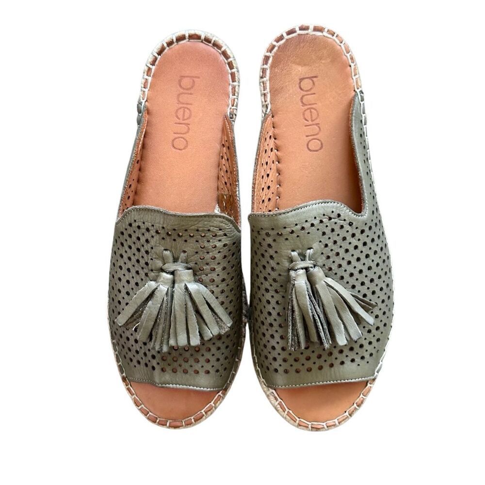 Bueno Navar Leather Laser Cut Peep Toe Slip On Espadrilles Sandals Olive Size 40